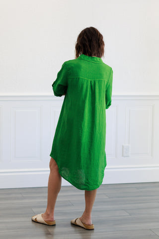 Linen Pocket Shirt Dress in Green
