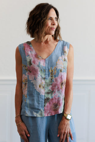 Linen Sleeveless Floral Denim Top