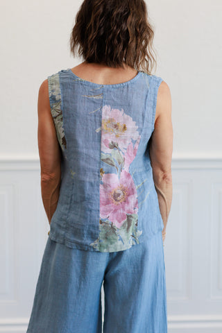 Linen Sleeveless Floral Denim Top