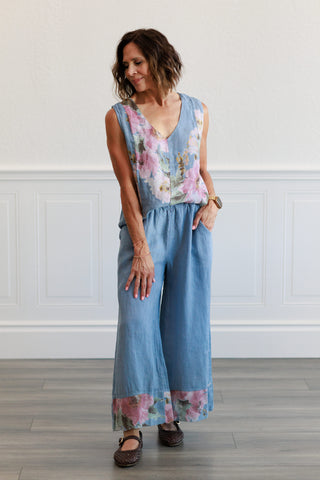 Linen Sleeveless Floral Denim Top