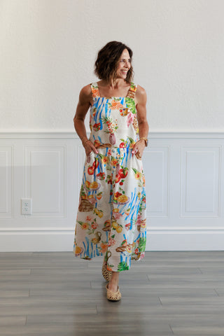 Picnic Tropical Fruit & Florals Midi Skirt in Ivory