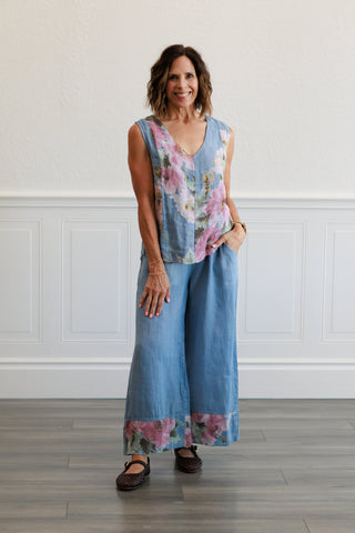 Linen Sleeveless Floral Denim Top