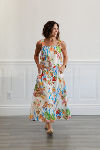 Picnic Tropical Fruit & Florals Midi Skirt in Ivory