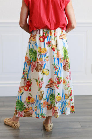 Picnic Tropical Fruit & Florals Midi Skirt in Ivory