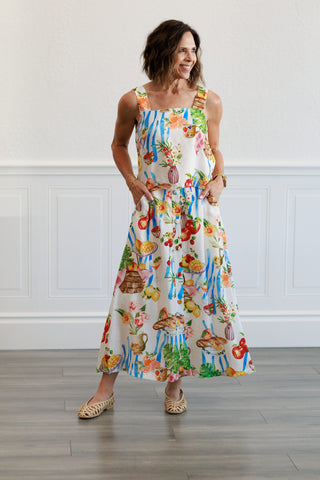 Picnic Tropical Fruit & Florals Midi Skirt in Ivory
