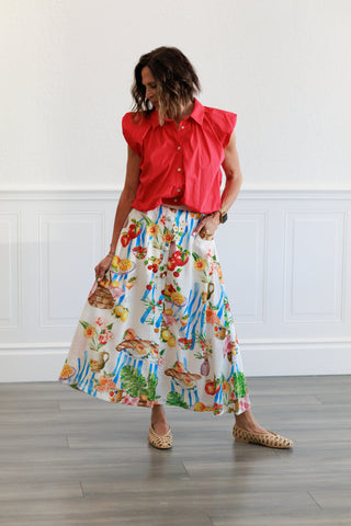 Picnic Tropical Fruit & Florals Midi Skirt in Ivory