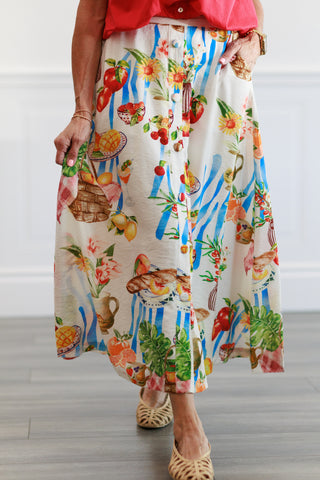 Picnic Tropical Fruit & Florals Midi Skirt in Ivory