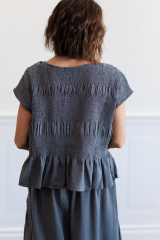 Ruched Crew Neck Top in Deep Blue