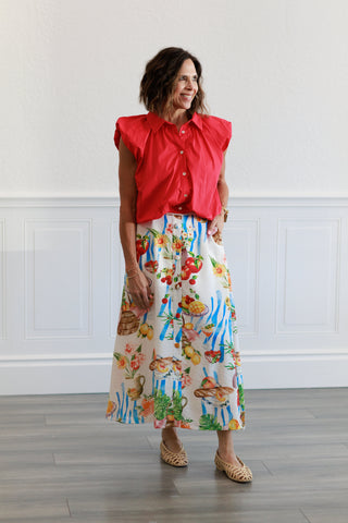 Picnic Tropical Fruit & Florals Midi Skirt in Ivory