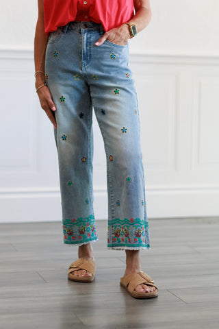 Embroidery Detail Stretch Denim Pants