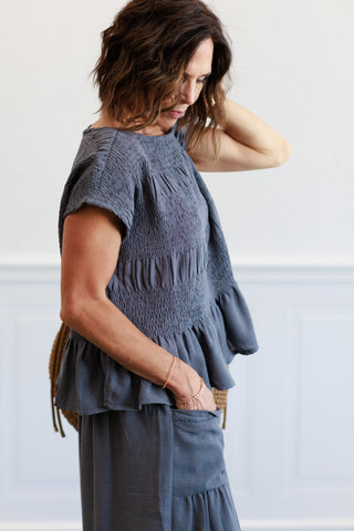 Ruched Crew Neck Top in Deep Blue