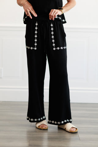 Embroidered Linen Elastic Tie-Waist Ankle Pants