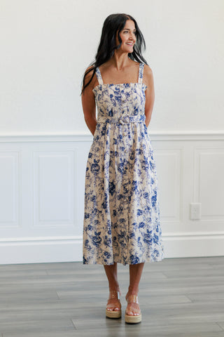 Floral Button Front Midi Dress in Navy