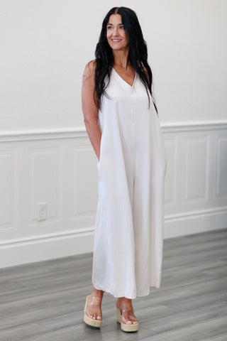 Italian Made Tencel Tie Back Jumpsuit in Natural