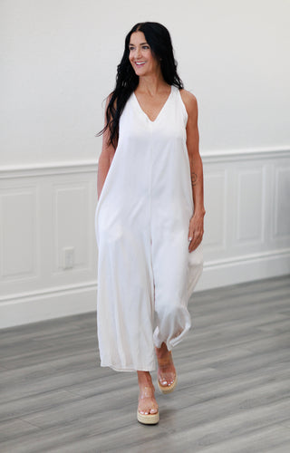 Italian Made Tencel Tie Back Jumpsuit in Natural