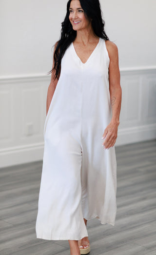 Italian Made Tencel Tie Back Jumpsuit in Natural