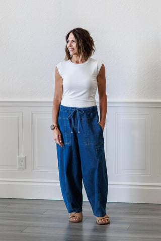 Oversize Pockets Wide Pants in Blue