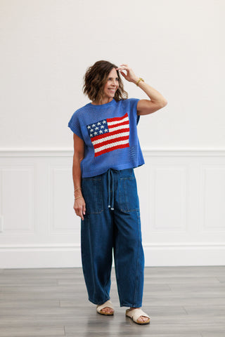 American Flag Open Stitch Sweater Top in Blue