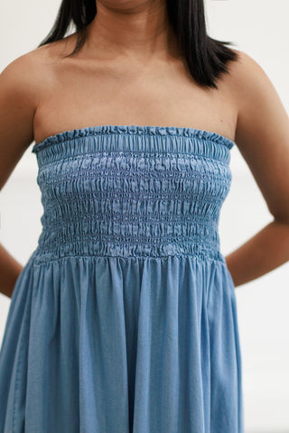 Smocked-Waist Midi Skirt or Dress in Light Denim
