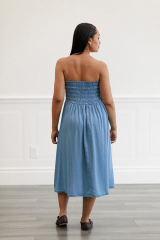 Smocked-Waist Midi Skirt or Dress in Light Denim