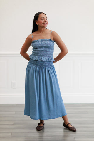 Smocked-Waist Midi Skirt or Dress in Light Denim