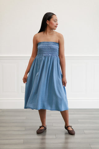 Smocked-Waist Midi Skirt or Dress in Light Denim