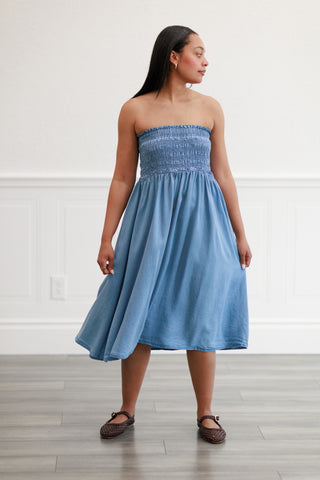 Smocked-Waist Midi Skirt or Dress in Light Denim