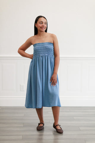 Smocked-Waist Midi Skirt or Dress in Light Denim