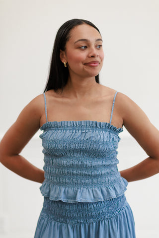 Smocked Tank Top in Light Denim