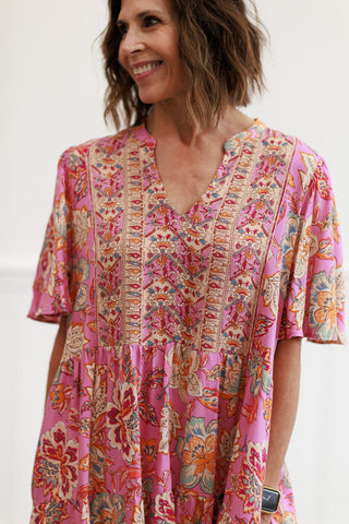 Border Rayon Challis Woven Dress in Calypso Pink