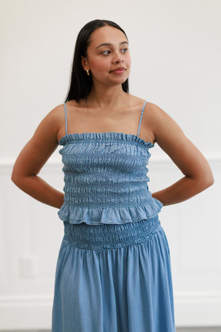 Smocked Tank Top in Light Denim