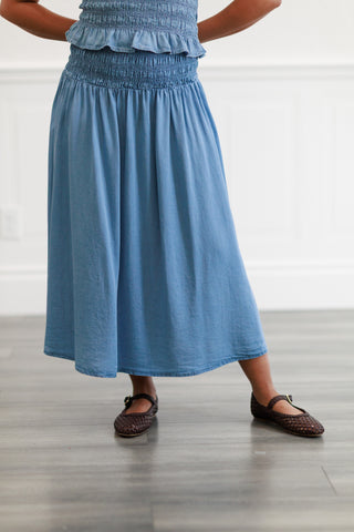 Smocked-Waist Midi Skirt or Dress in Light Denim