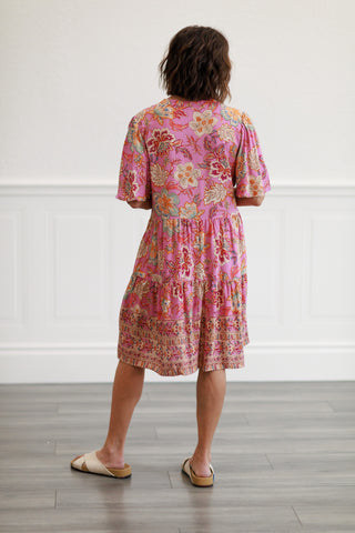 Border Rayon Challis Woven Dress in Calypso Pink