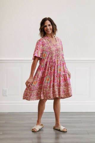Border Rayon Challis Woven Dress in Calypso Pink