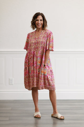 Border Rayon Challis Woven Dress in Calypso Pink