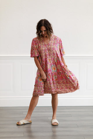 Border Rayon Challis Woven Dress in Calypso Pink