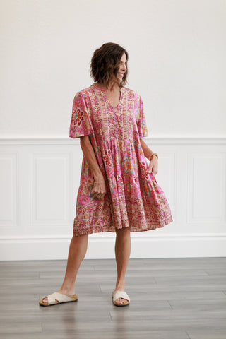 Border Rayon Challis Woven Dress in Calypso Pink