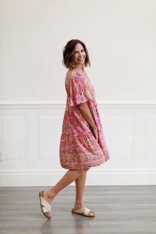 Border Rayon Challis Woven Dress in Calypso Pink