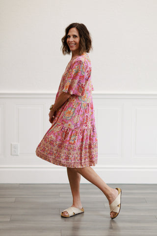 Border Rayon Challis Woven Dress in Calypso Pink