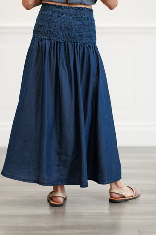 Smocked-Waist Midi Skirt in Dark Denim