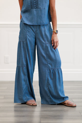 Chambray Tiered Wide Legged Pants