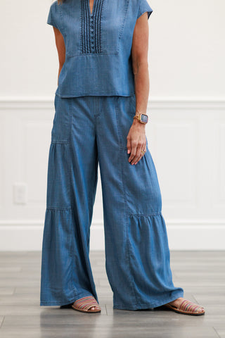 Chambray Tiered Wide Legged Pants