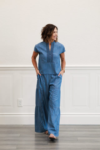 Chambray Tiered Wide Legged Pants