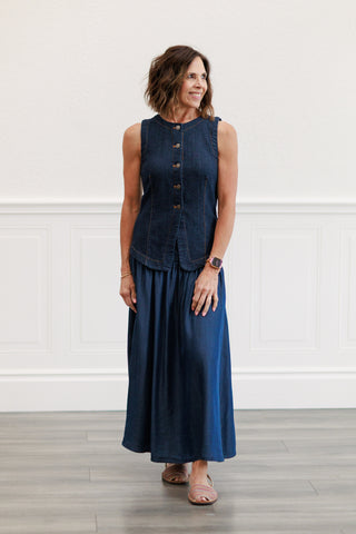 Smocked-Waist Midi Skirt in Dark Denim