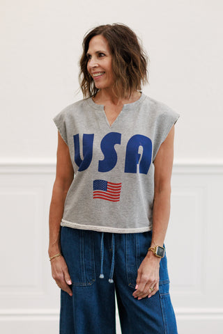 4th Of July Usa Flag Tank Top in Heather Grey