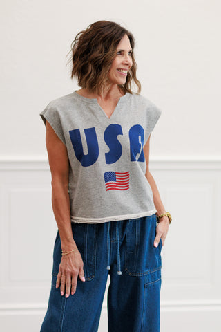 4th Of July Usa Flag Tank Top in Heather Grey