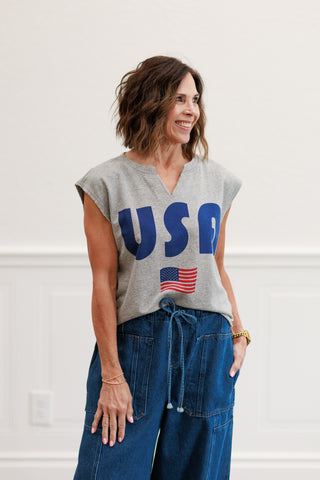 4th Of July Usa Flag Tank Top in Heather Grey