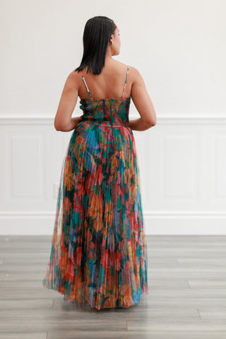 Pleated Floral Tulle Maxi Dress in Multi Orange