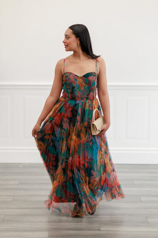 Pleated Floral Tulle Maxi Dress in Multi Orange