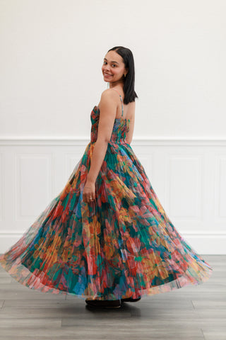 Pleated Floral Tulle Maxi Dress in Multi Orange